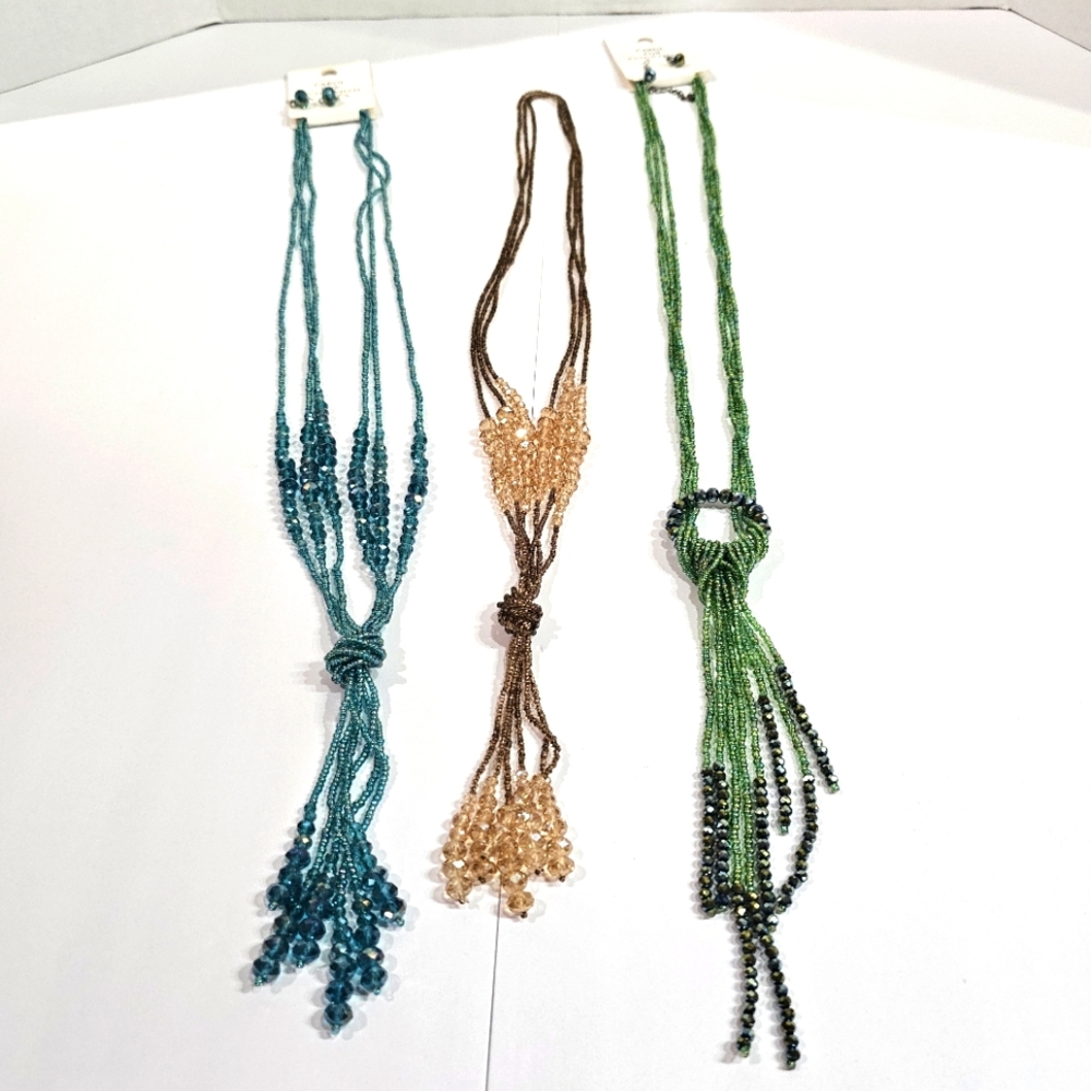 Lot of 3 Iridescent Beaded Necklaces-Green, Blue, Champagne-Earrings Green Blue